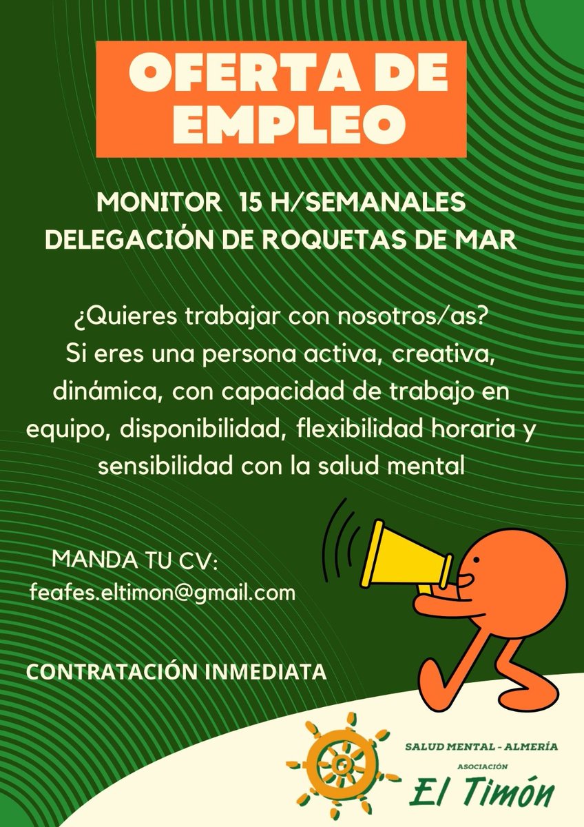 ¡Te estamos buscando para trabajar en nuestra delegación de Roquetas de Mar!
#empleo #trabajo #saludmental