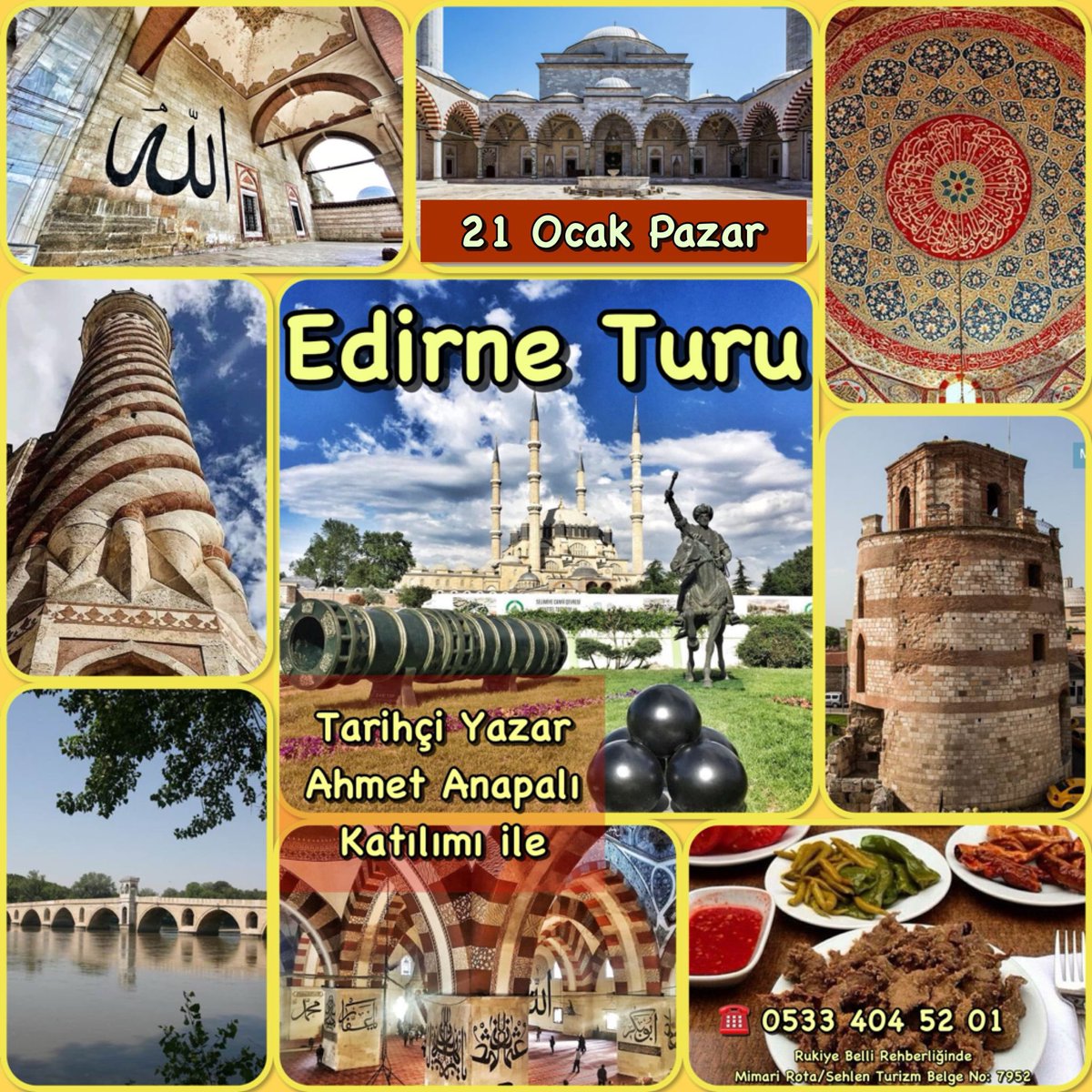 İstanbul’u fetheden şehir Edirne’dir. Askerler Edirne’den geldi. Toplar ve cephane de Edirne’den geldi. Fatih Sultan Mehmet Edirne sultanıydı. Haydi gelin 21 ocak Pazar İstanbul’u bize hediye eden EDİRNE’yi gezelim. Bilgi için; 0533 404 52 01