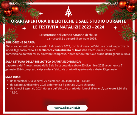 unisiena's tweet photo. Le strutture dell’#Università di #Siena saranno chiuse dal 2 al 5/1/2024.
🔴Dal 30/12/2023 al 7/1/2024 la #SalaRosa non effettuerà l’apertura.
#Biblioteche di area e Sala Rosa riprenderanno l’abituale orario di apertura dall’8/1/2024.
👉 https://t.co/2sye6bdqAt https://t.co/LF5NdDikRJ