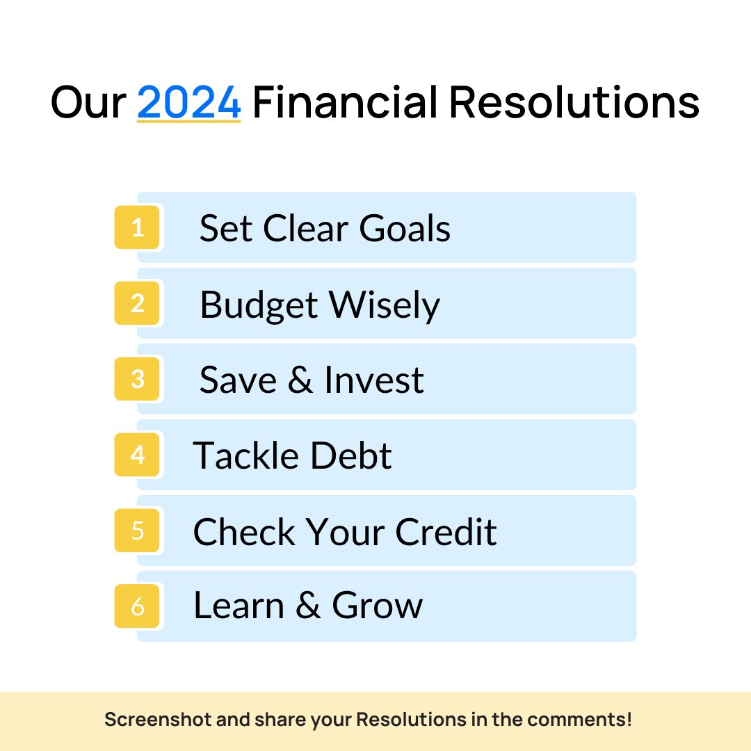 Our 2024 Financial Resolutions: 1️⃣ Set Clear Goals 2️⃣ Budget Wisely 3️⃣ Save & Invest 4️⃣ Tackle Debt 5️⃣ Check Your Credit 6️⃣ Learn & Grow What’s yours? #CreditSesame