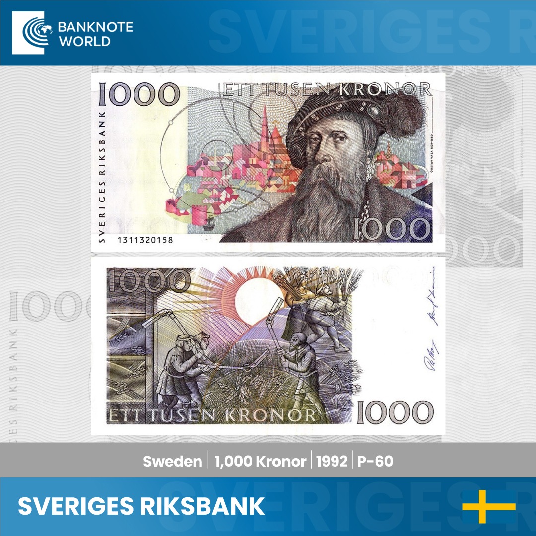 banknoteworld's tweet image. 🇸🇪💰 Explore Sweden&apos;s history with the 1,000 Kronor, 1992! 📜👑 Colored in a vibrant mix, it features King Gustav Vasa&apos;s portrait, a parhelion painting of Stockholm, and a scene from &apos;Historia de Gentibus Septentrionalibus.&apos; #SwedishKrona #BanknoteDesign #collectibles