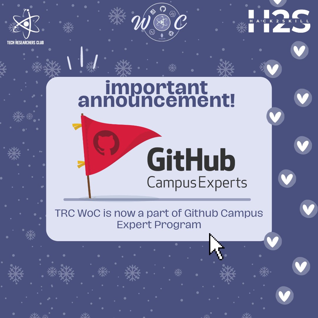 trcvit's tweet image. IMPORTANT ANNOUNCMENT 📢
WOC (Winter of Code) is now a Part of GitHub Campus Expert Program 🚀
Beginning from January 15th 🗓️
#winterofcode #woc #GitHub #vitchennai #studentdeveloperprogram #git #vit