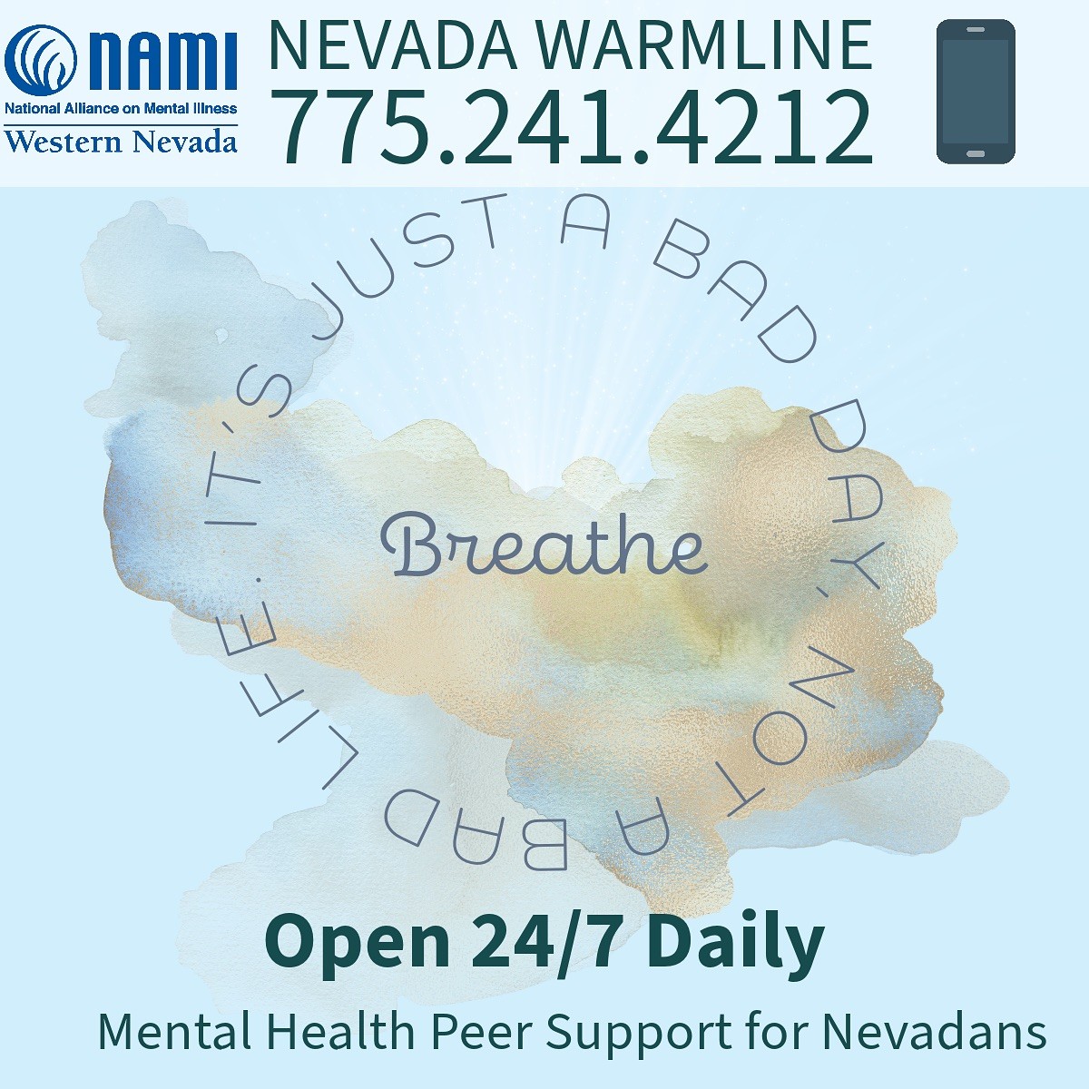 NAMI_Nv's tweet image. Remember, you are not alone this holiday season. The NAMI Western Nevada Warmline is available to all Nevadans, just call 775-241-4212. 

#notalone #nostigma #itsokaytonotfeelokay #warmline #mentalhealthresource