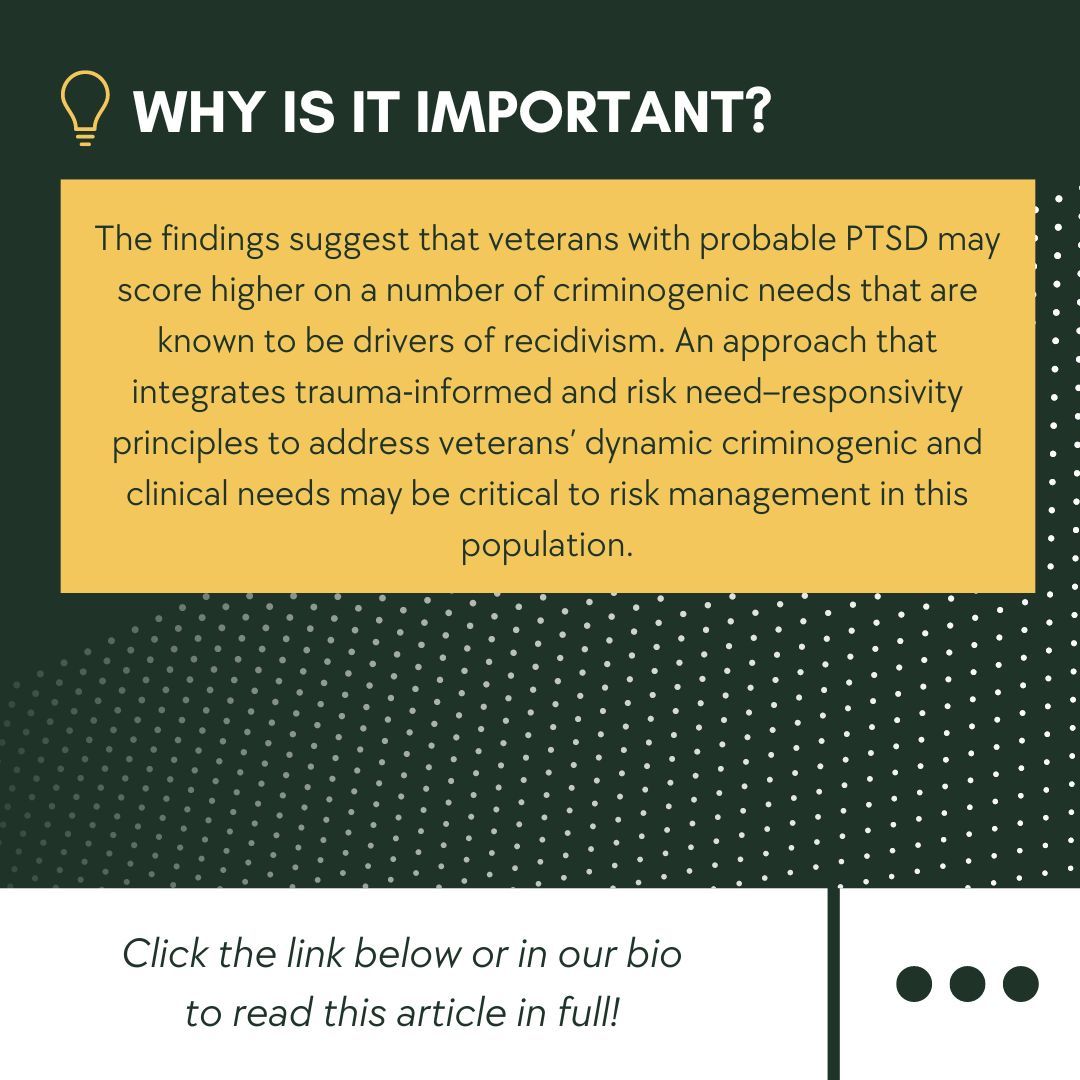 Veterans with probable PTSD may score higher on a number of criminogenic needs that are known to be drivers of recidivism. Read Blonigen et al.'s full article here- buff.ly/3RINuWF @apls41 @aplssc