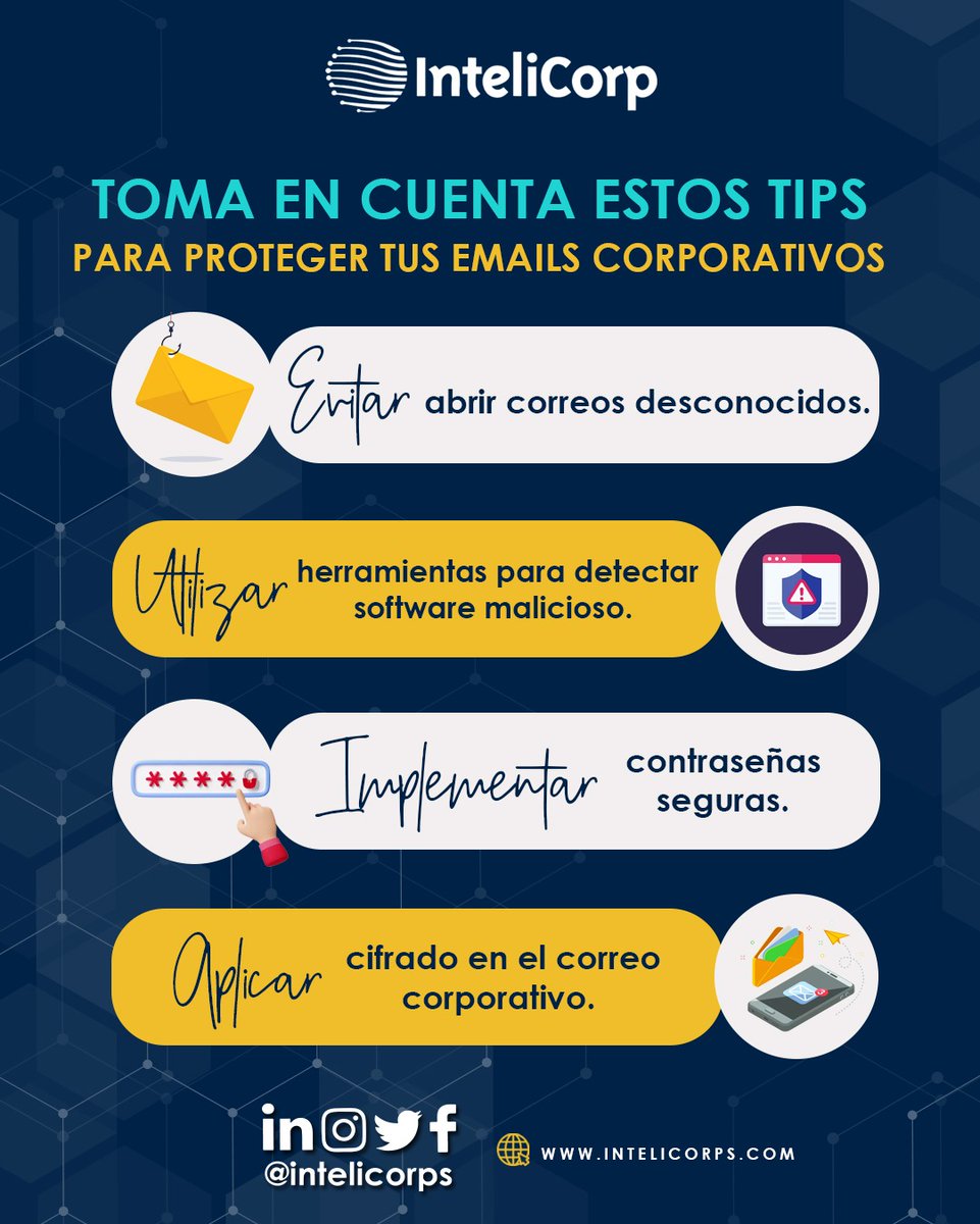 InteliCorpS's tweet photo. Nos interesa que protejas la seguridad de tus dispositivos, y es por ello que, te recomendamos algunos tips que pueden ser de mucha utilidad. ¿Buscas un proveedor seguro y confiable para proteger tu empresa? ¡Contáctanos! 🦾👨🏻‍💻👩🏽‍💻
#Protección #EquiposInformaticos #CorreoCorporativo https://t.co/egKPlXUaYT