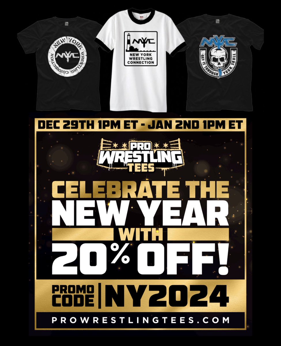 NYWC (@nywcwrestling) on Twitter photo Head on over to the NYWCโs <a href="/PWTees/">Pro Wrestling Tees</a> store and get 20% off all merchandise starting TODAY at 1pm all the way until January 2!
Use promo code: NY2024
prowrestlingtees.com/nywc Head on over to the NYWCโs <a href="/PWTees/">Pro Wrestling Tees</a> store and get 20% off all merchandise starting TODAY at 1pm all the way until January 2!
Use promo code: NY2024
prowrestlingtees.com/nywc