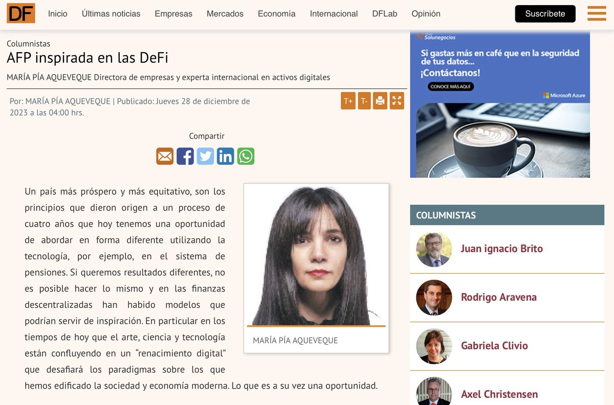 María Pía Aqueveque Jabbaz (@maqueveq) on Twitter photo AFPs inspiradas en DeFi ¿Qué sucedería si las AFPs se inspirarán en las (DeFi)? Un sistema más participativo, con carácter redistributivo y que inyectara mayor competencia en el sistema previsional, favoreciendo a tod@s los chilen@s 🇨🇱.
Léelo 👇
df.cl/opinion/column… AFPs inspiradas en DeFi ¿Qué sucedería si las AFPs se inspirarán en las (DeFi)? Un sistema más participativo, con carácter redistributivo y que inyectara mayor competencia en el sistema previsional, favoreciendo a tod@s los chilen@s 🇨🇱.
Léelo 👇
df.cl/opinion/column…