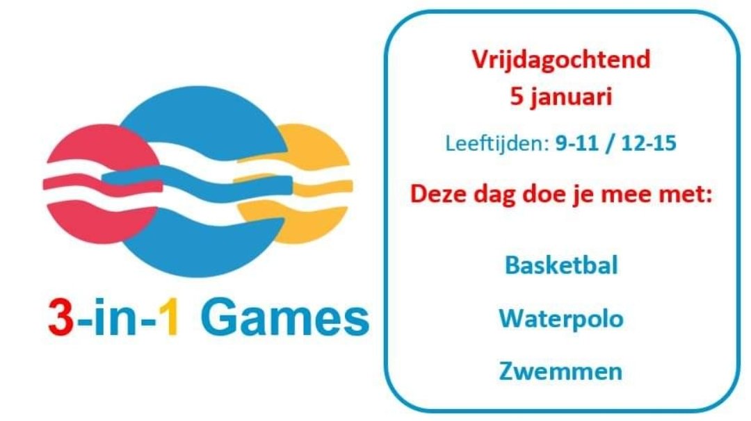 zwembadabcoude's tweet photo. Op vrijdag  5 januari is er nog plek bij de 3-in-1 Games in #HetSporthuisAbcoude. 

9- tot en met 11-jarigen en 12- tot en met 15-jarigen kunnen die ochtend meedoen met basketbal, waterpolo en zwemmen. Doe je ook mee? Inschrijven kan via https://t.co/nHAH2cyyyA https://t.co/tnOlV4jcpK