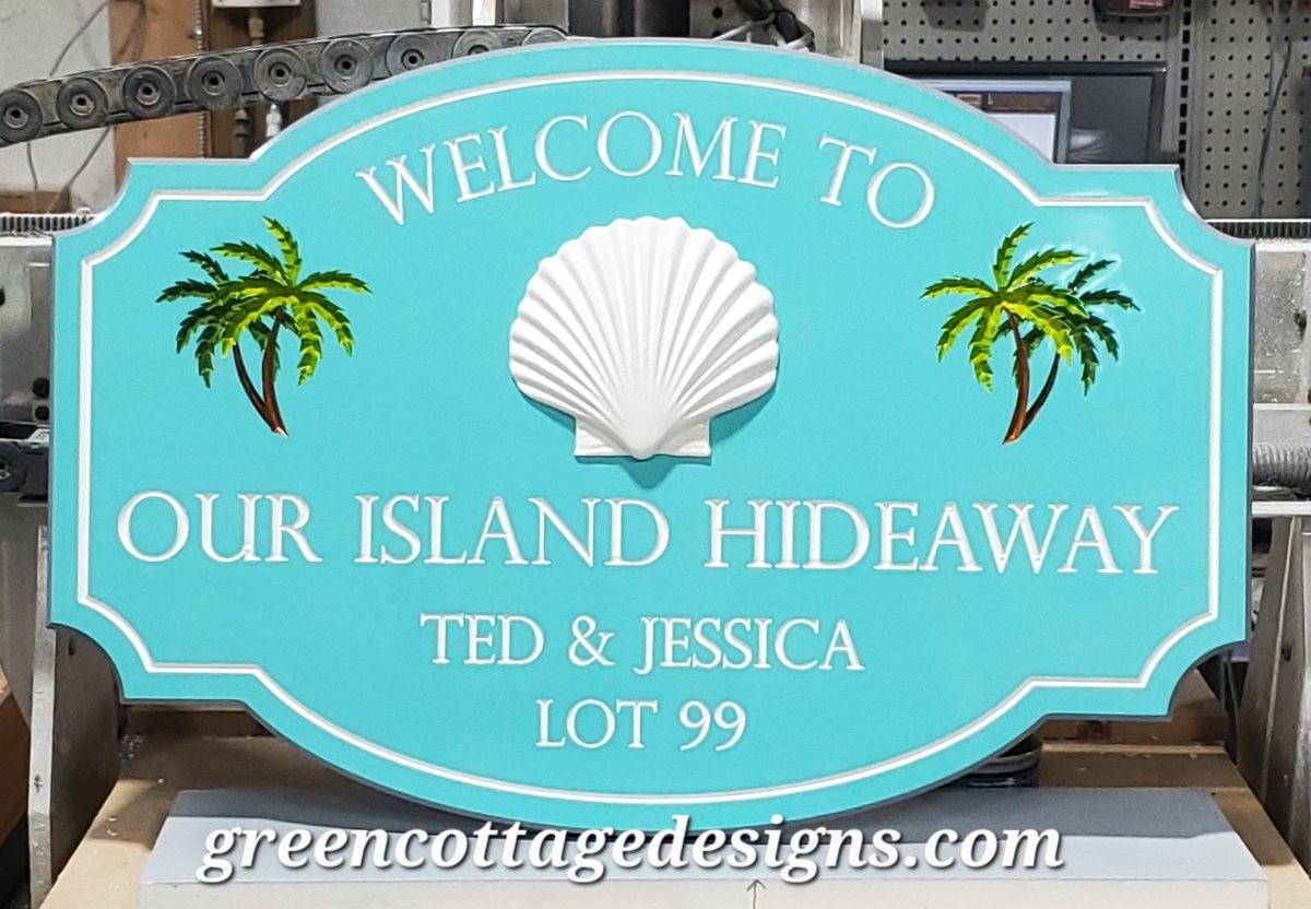 cottage_green's tweet image. Our Island Hideaway Address Sign Carved PVC Scallop Shell Palm Trees Design by greencottagedesigns.com #Propertysign #lotsign #IslandHouseSign #PVCsigns #PineIslandSigns
