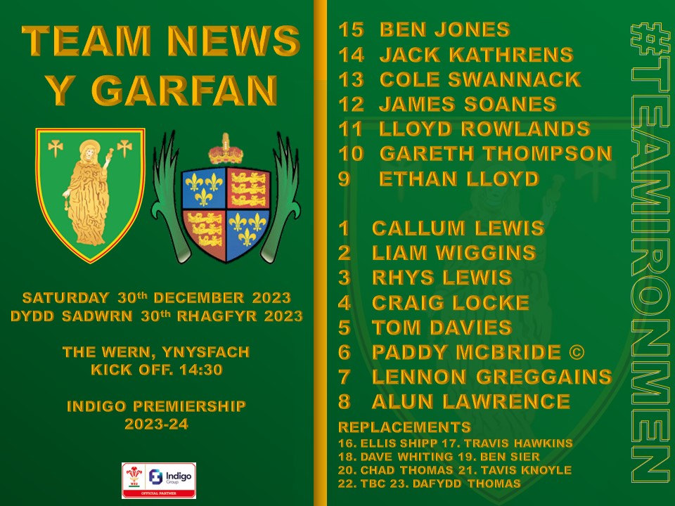 #TeamNews

Our #Ironmen23 ahead of our final game of 2023, when we welcome the #Drovers to the Wern. 

We'd love to have you join us!

🏉 <a href="/llandoveryrfc/">Clwb Rygbi Llanymddyfri</a>
📆  Saturday 30th December 
🕝 Kick Off 14:30
📍 The Wern
🏆 Indigo Premiership

#TeamIronmen🖤💚💛