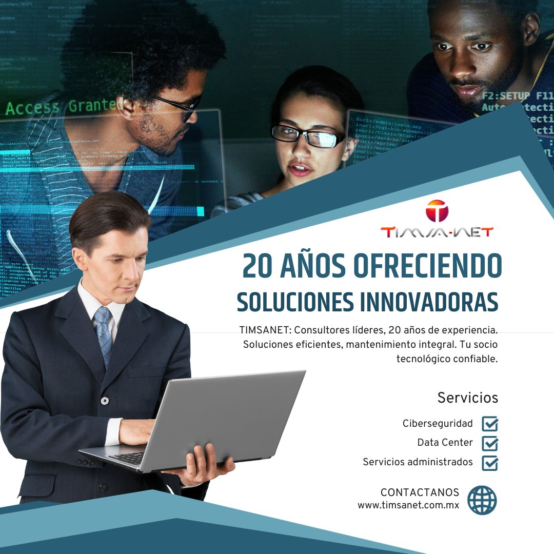 Descubre el futuro tecnológico con TIMSANET, tus expertos en soluciones informáticas con 20 años de experiencia. Fusionamos tecnología de vanguardia con aplicaciones líderes para impulsar la eficiencia en tu negocio. #TIMSANET #TecnologíaInnovadora #empresas