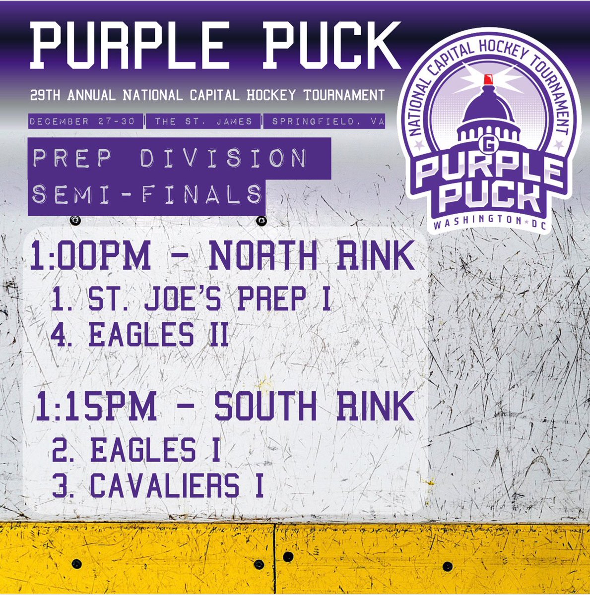 The Semi-Final Prep schedule is set for the 29th Annual National Capital Hockey Tournament
#OneTeamOneFamily
#HailGonzaga
#AMDG
#EaglesFlyHigh
#SJC
#sjprephockey
#spaldinghockey
#gphockey