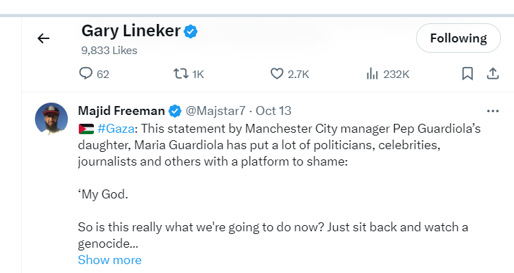 So @GaryLineker is liking posts by @Majstar7 now This would be like a top BBC presenter liking posts by Nick Griffin Islamist Majid Freeman is a nasty sectarian bully who doesn't just hate Jews he bullies the Hindus too. Go ask the Hindus in Leicester! Absolutely disgraceful.