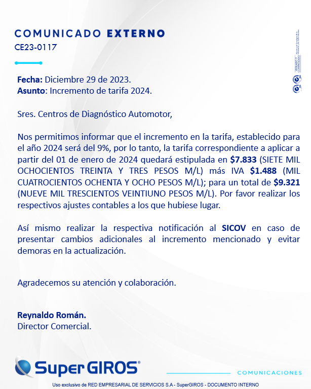 ACEDANColombia's tweet photo. La Agremiación Acedan comparte comunicado externo Numero CE23-0117 emitido por Supergiros  donde indica el incremento en la tarifa para el año 2024. https://t.co/ULRE8JdICo