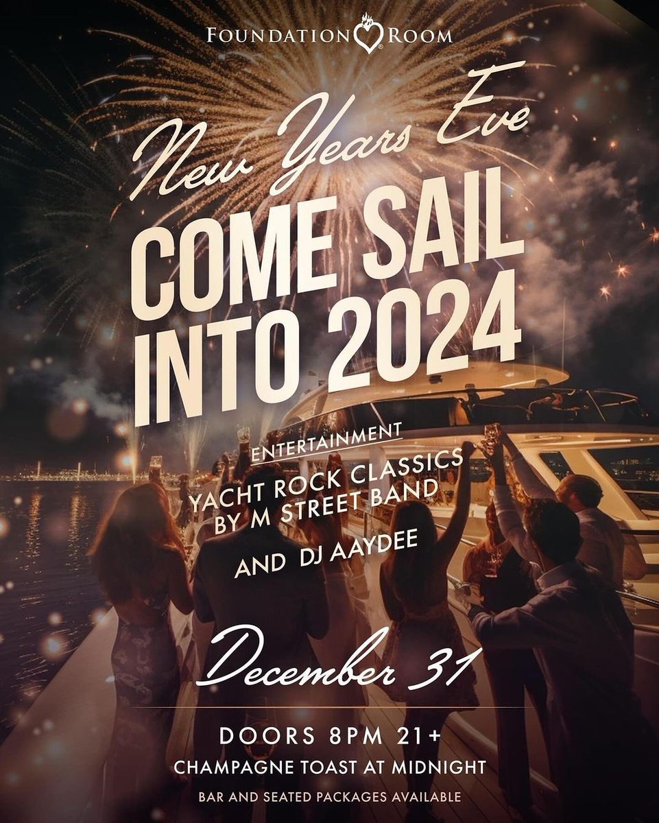 📣 ANAHEIM! Who is ready for 2️⃣0️⃣2️⃣4️⃣?! Join us in Foundation Room as we Sail Away into the New Year ⛵️🎶 ✨ Use code ➡️ YACHTY2024 for FREE Admission + champagne toast 🥂 Offer available FRIDAY only! 🔗: sevn.ly/xDztWUUF