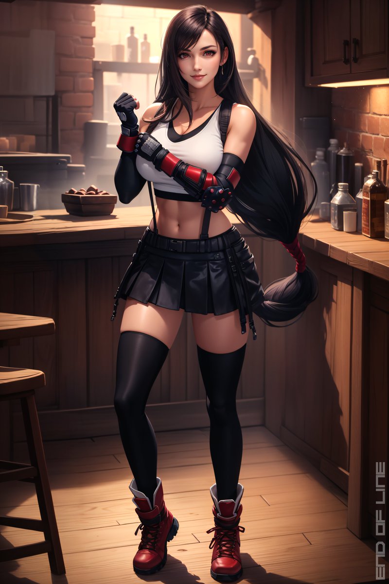 EndOfLineArt's tweet photo. A sweeter piece of  Tifa in 7th Heaven. A leap forward for me as I designed Tifa's iconic glove adjust pose myself in 3D and learned to import it, which gives me alot more control for future pieces! AI with photoshop, editing &amp; posing by Me.  #tifa_lockhart #FinalFantasyVII https://t.co/0BZwj1e6gY