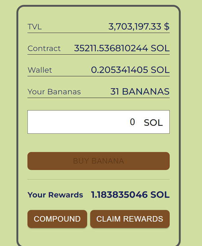 Ashwin07025023's tweet photo. Earned more than 1 sol in a day for 1 sol deposited in banana miner. Hopefully the ponzi lasts few more days. If you are interested use a burner wallet and put funds which you are willing to lose.  This is my referral link https://t.co/EcNF33olnV https://t.co/SB8Ki8lAwn