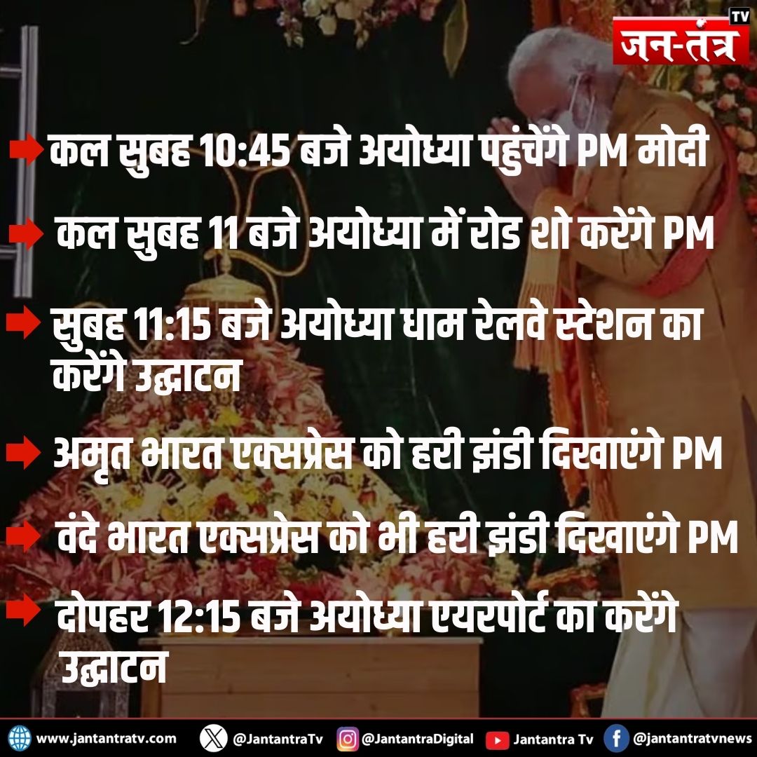 JantantraTv's tweet image. कल PM मोदी का अयोध्या दौरा, जन-तंत्र टीवी पर जानिए पीएम मोदी का मिनट टू मिनट कार्यक्रम 

#PMModi #PMModiAyodhyaVisit #RamMandir #AyodhyaDham #JantantraTv 

@narendramodi | @CMOfficeUP | @myogiadityanath | @UPGovt | @BJP4UP