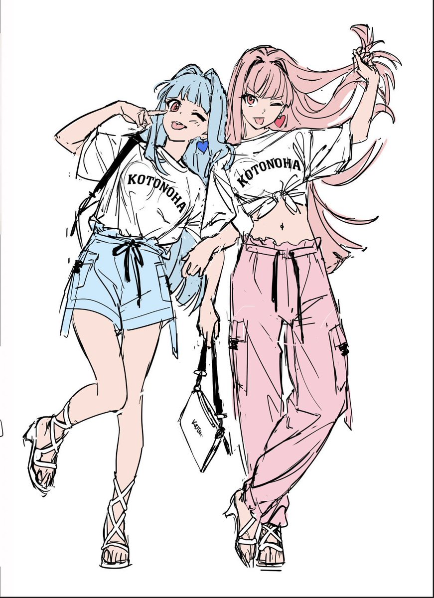 kotonoha akane ,kotonoha aoi 2girls multiple girls pink hair blue hair siblings one eye closed red hoodie  illustration images