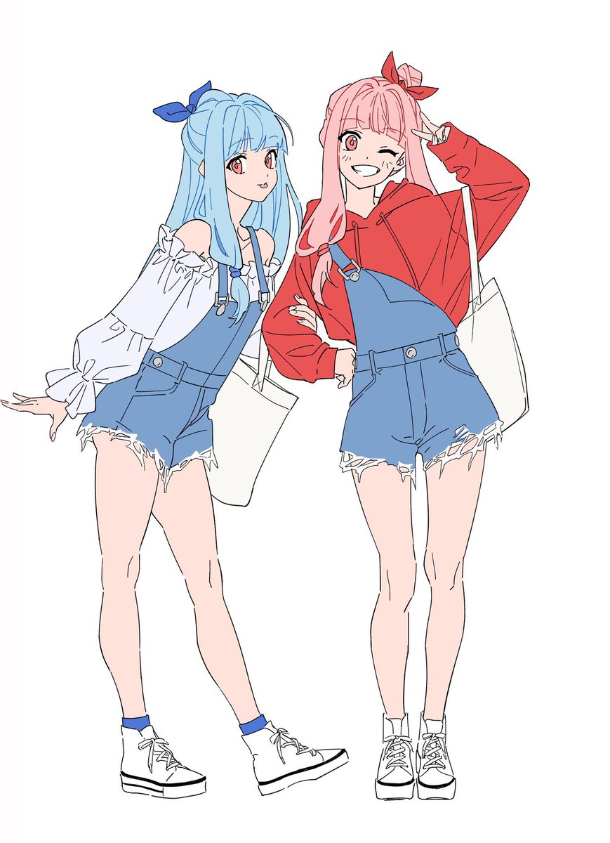 kotonoha akane ,kotonoha aoi 2girls multiple girls pink hair blue hair siblings one eye closed red hoodie  illustration images