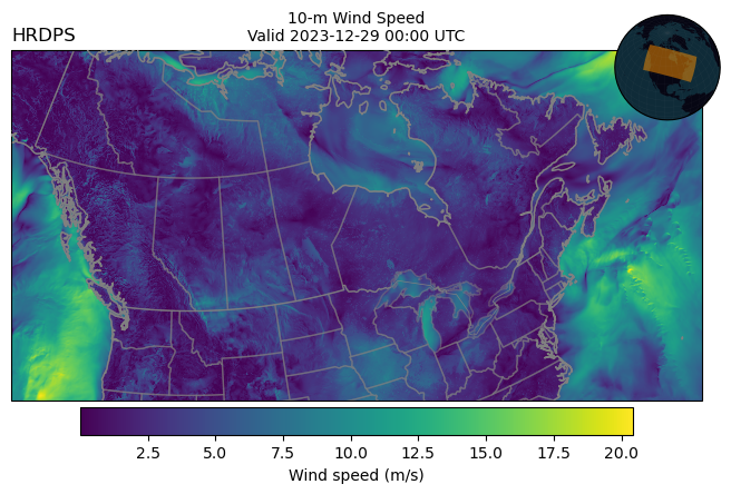 blaylockbk's tweet photo. My first contribution to MetPy adds the ability to parse the rotated lat/lon projection used by Canada's HRDPS model, which you can download with the latest version of Herbie https://t.co/1D3b18TB4g https://t.co/TvibqL79LS