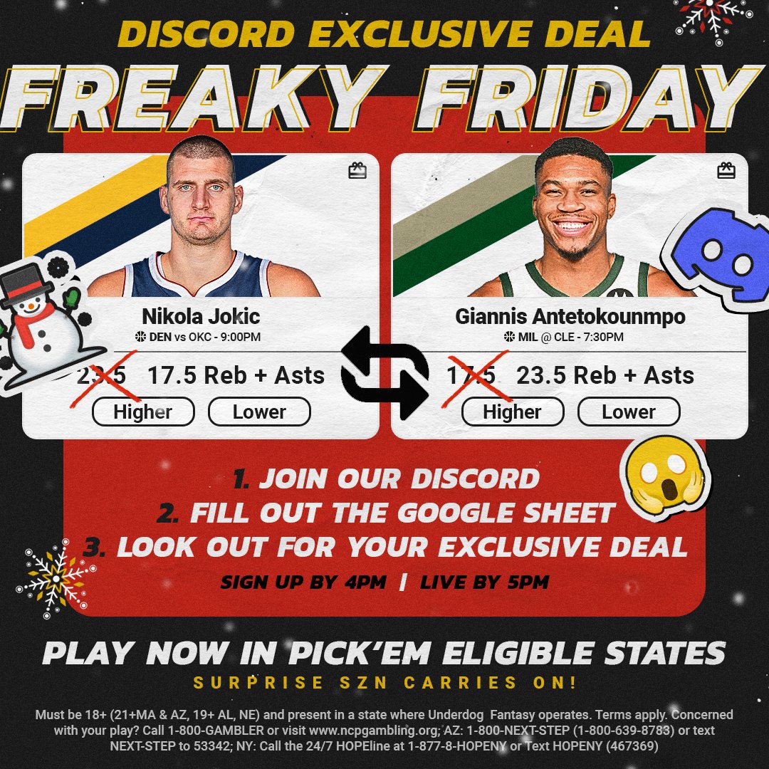 UnderdogPicks's tweet image. Surprise SZN Day 15 🎁 Freaky Friday is back! 🔁

We are swapping Nikola Jokic and Giannis Antetokounmpo's Rebounds + Assists tonight!

Sign up in our Discord before 4pm ET to receive both promos 🤝

👾 discord.gg/underdog