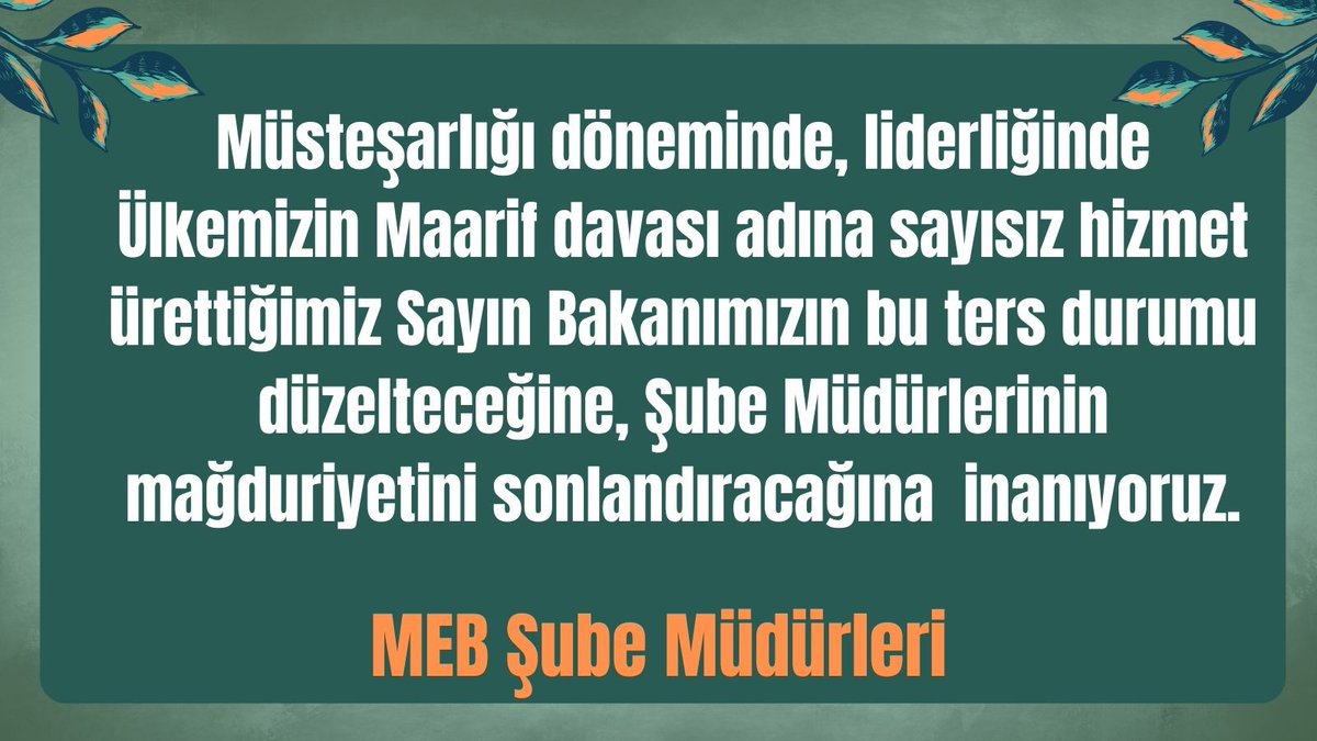 <a href="/Yusuf__Tekin/">Yusuf Tekin</a> Vizyonu, duruşu ve Türkiye’nin Maarif davasına bakışı ile özellikle bir dönem Şube Müdürleri tarafından lider vasfı yüklenen Sayın Bakanımız bu ters durumu çözecektir.
#MebSubeMudurleri
<a href="/RTErdogan/">Recep Tayyip Erdoğan</a>
<a href="/Yusuf__Tekin/">Yusuf Tekin</a>
<a href="/memetsimsek/">Mehmet Simsek</a>
<a href="/cftcblnt/">Bülent ÇİFTCİ</a>
<a href="/_aliyalcin_/">Ali YALÇIN</a>