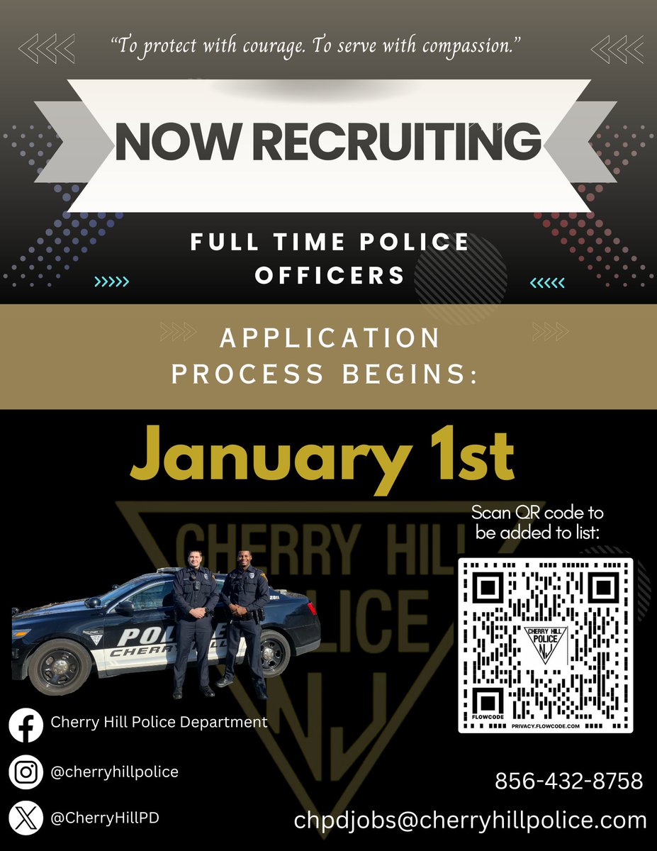 CherryHillPD's tweet photo. Hiring process will start Monday, January 1st and run through January 31st. Interested applicants can scan the QR code or visit https://t.co/N7bkLWVQSJ to be added to the email list.

Please email all comments to CHPDSocialMedia@cherryhillpolice.com

#CherryHillPD https://t.co/bf8iHOetIZ