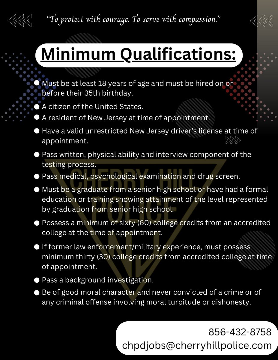 CherryHillPD's tweet photo. Hiring process will start Monday, January 1st and run through January 31st. Interested applicants can scan the QR code or visit https://t.co/N7bkLWVQSJ to be added to the email list.

Please email all comments to CHPDSocialMedia@cherryhillpolice.com

#CherryHillPD https://t.co/bf8iHOetIZ