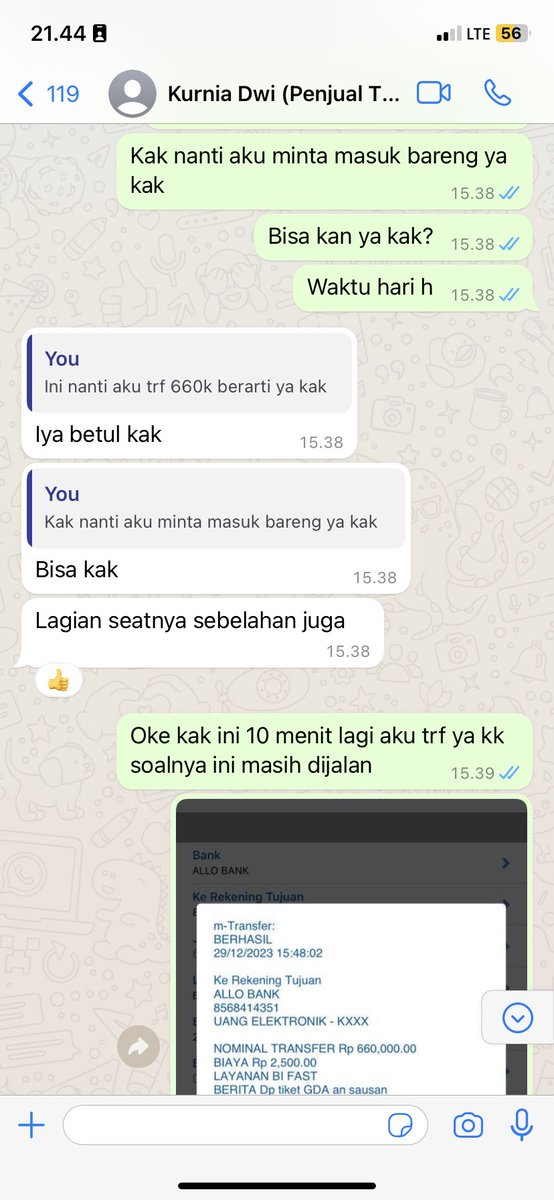 Hii_HongJisoo's tweet photo. 3. Melalui WA aku kirim bukti transfer 660k ke rek Allobank an. Kurnia Dwi S dan dimintai alamat email pribadi. Tapi setelah kirim bukti trf, E-tiket tidak pernah dikirimkan oleh penipu. Sebelumnya aku udah cek get contact nya aman makanya berani transfer. #gda #wtsgda #wtbgda https://t.co/bR3JeWZILU