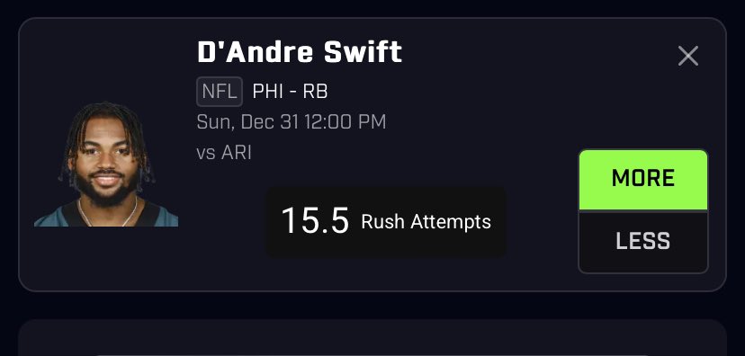 SimplyPickZ's tweet photo. 👑 NFL 👑

HAMMER this play in your fav slip or protected entry 🔨🔒

15 straight rb 1’s have cleared vs ARI + PHI 11.5 point favorites + Swift has 38 carries /L2 (volume UP) 

#prizepicks #prizepicksnfl #GamblingTwiiter #dfs #nfl #SportsGambling https://t.co/irqjcLZdxv