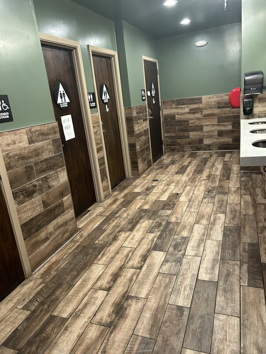 I would like to share this scary all-gender bathroom. 

Each toilet contained in a locked room, must get code from employee. 

Sinks in common area, the entrance to it was open &amp; faced the kitchen/ordering area, no door.

I felt safer than most 🚺 bathrooms.