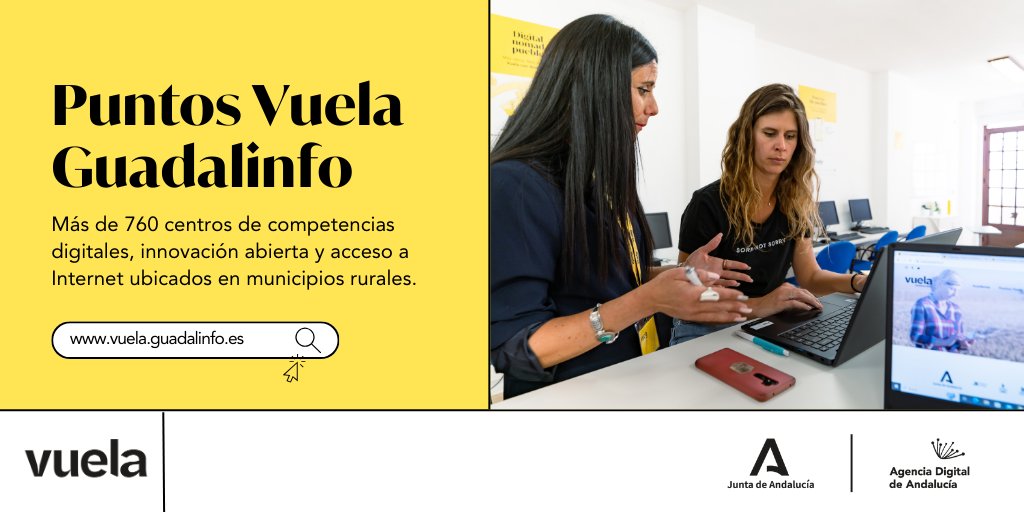 💻🌐  Con los Puntos @VuelaGuadalinfo y #AndalucíaVuela los espacios digitales abiertos a la ciudadanía por la <a href="/AndaluciaJunta/">Junta de Andalucía</a> evolucionan para potenciar la innovación social. ¿Los conoces?

🔗 lajunta.es/4icna  

#AndaluciadigitalizADA