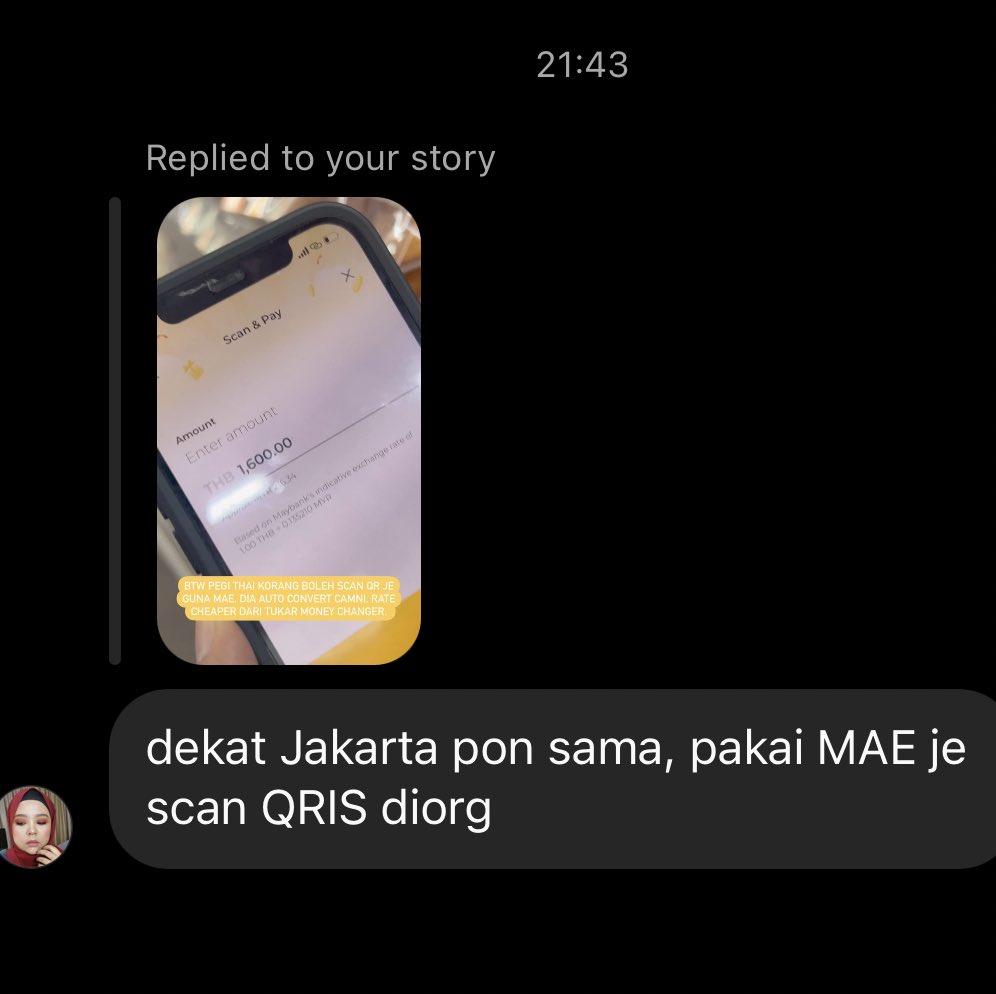 inazallya's tweet photo. Boleh bayar pakai QR je pi thai and indo! Buka je app MAE mcm biasa and scan. Dia auto convert kat bawah macam tu. https://t.co/kzJhyftIwW
