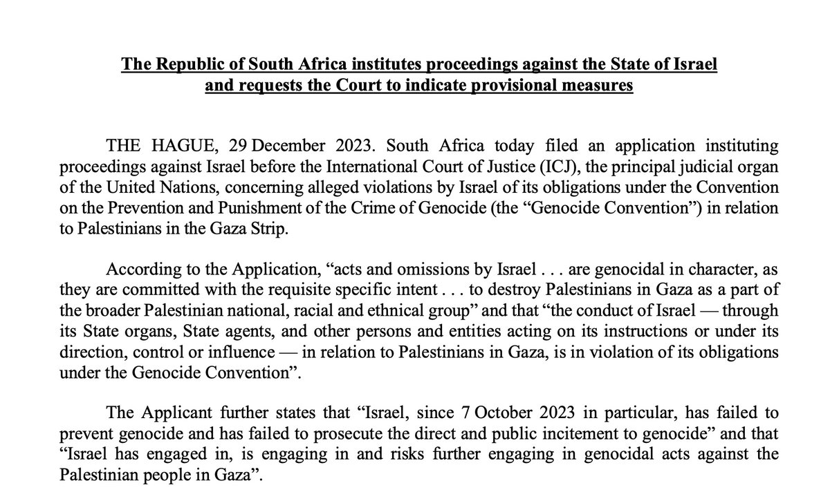 Big news: The Republic of South Africa institutes proceedings against the State of Israel and requests the International Court of Justice to indicate provisional measures icj-cij.org/case/192 icj-cij.org/sites/default/…