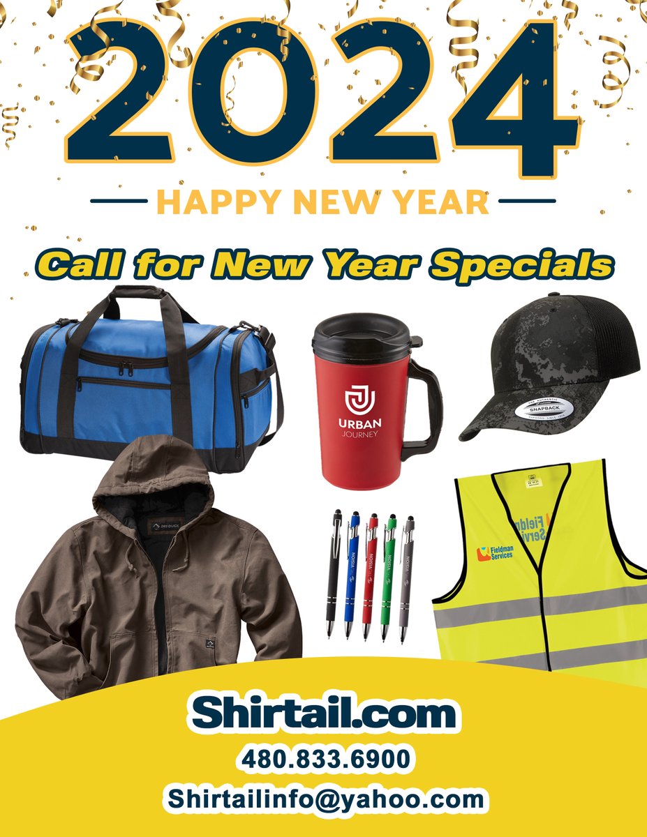 Cheers to a joyous, adventurous New Year! 🥂 
From all of us at Shirtail, wishing you and yours a safe, healthy, and prosperous new year! 
Shirtail.com
480-833-6900

#DowntownMesa
#HappyNewYear2024
#CheersTo2024
#BrandedMerchandise
#PromotionalSwag
#CustomPromos