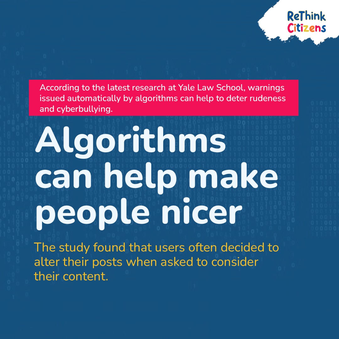 ReThinkCitizens's tweet photo. 🤖✨ Breaking news from Yale Law School: Algorithms have the power to make us kinder! The latest research reveals that automatic warnings prompt users to rethink their posts, reducing rudeness and cyberbullying. Let's harness technology for a positive online culture. https://t.co/9RZBQV6aqE