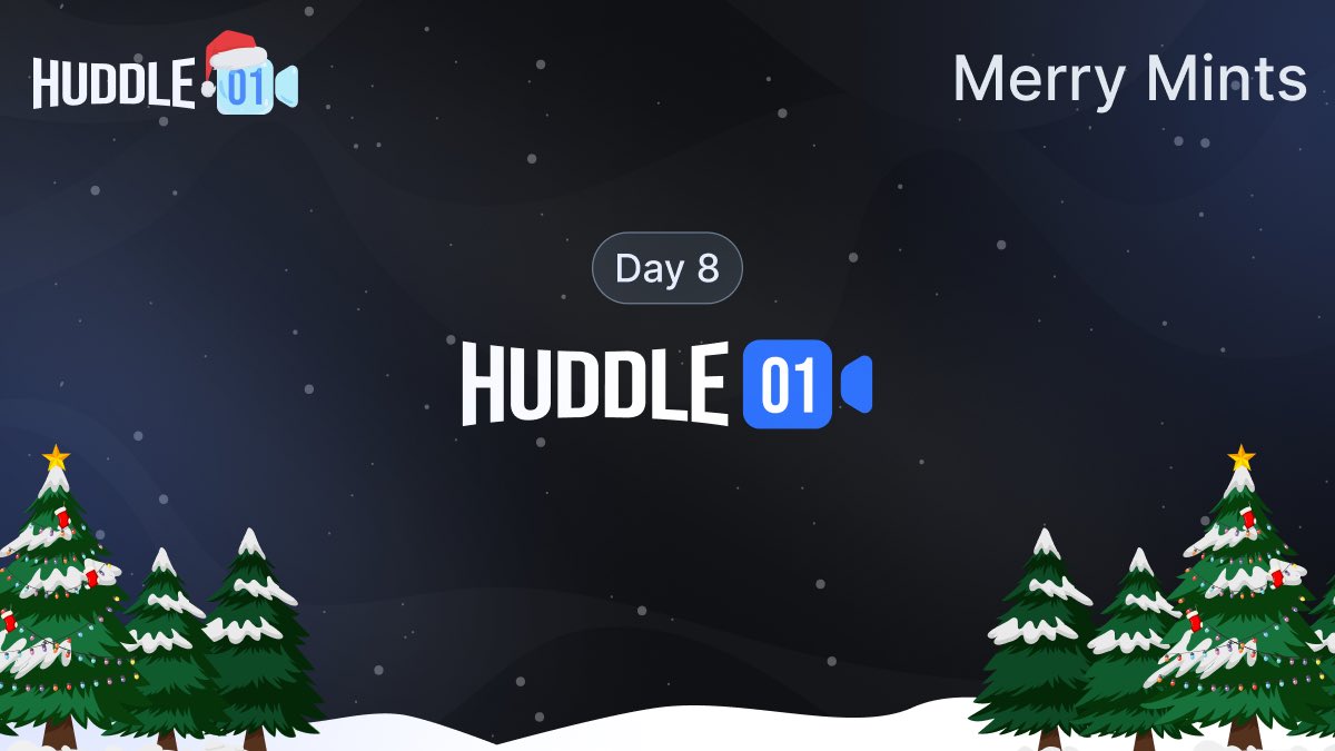 huddle01com's tweet photo. Day 8 Quest on the #MerryMints Holiday Calendar is now live with a 50USDC pool prize for 5 lucky winners πΈ
π€ Help Huddle01 shape the future of decentralized real-time communication
π Sign up for early Testnet as a Node Operator and join the 1st dRTC Network: https://t.co/5Ka9aZ22Gu
Claim your Holiday Card NFT to be eligible for rewards and get started: https://t.co/TPQmlRe2N4