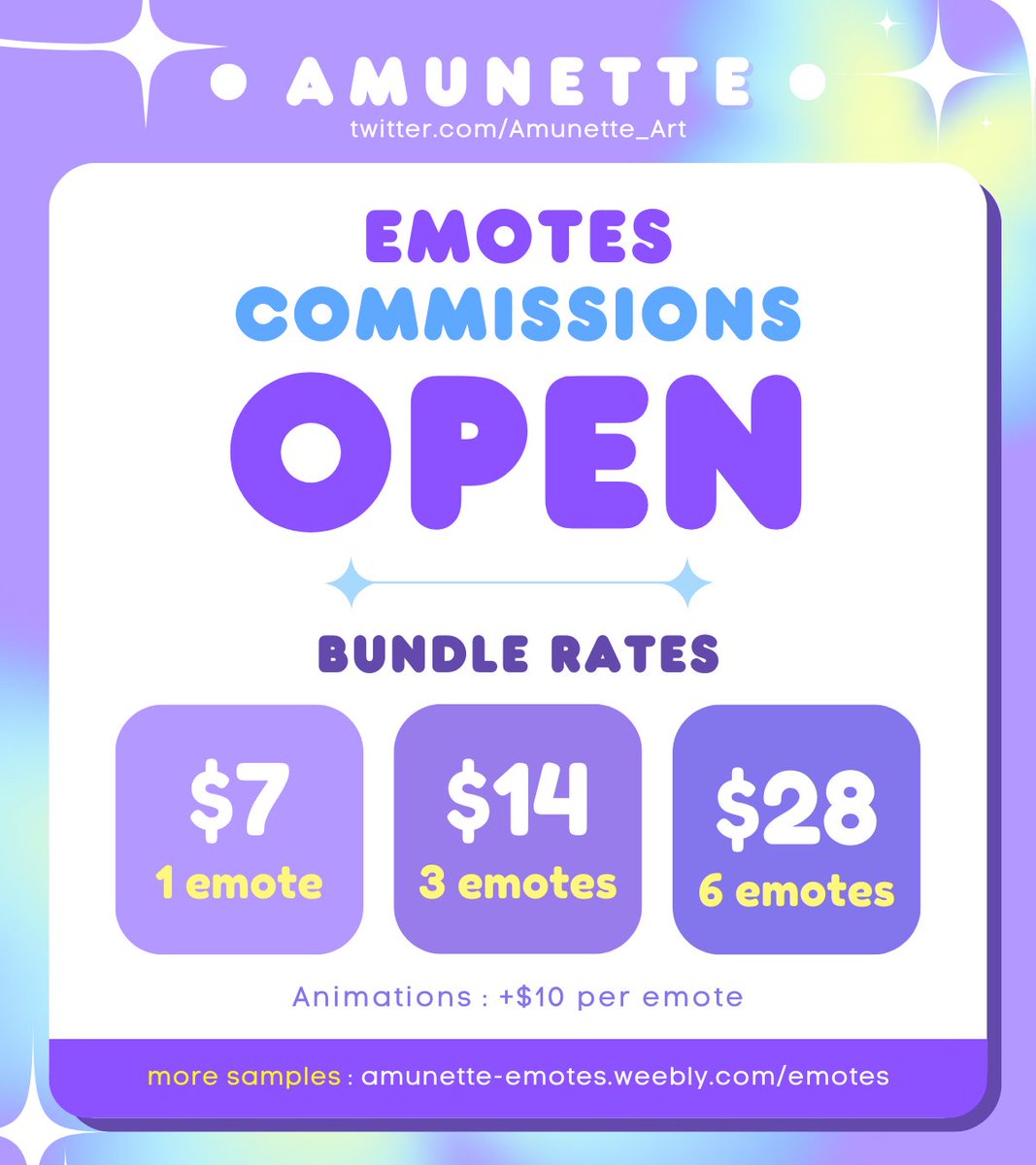 CUSTOM EMOTES COMMISSIONS IS OPEN✨
other quantities are welcome! feel free to message me for inquiries💜

view thread for order process, FAQs and Artists&amp;Clients orders!