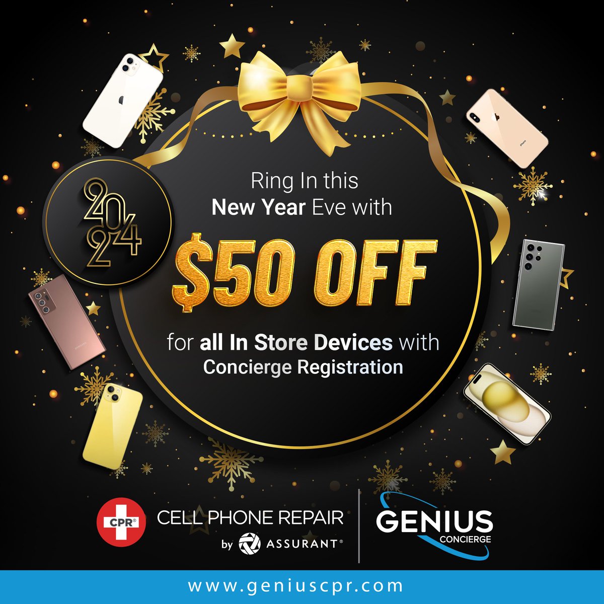 GeniusPhone_R's tweet photo. Start with super savings this New Year's Eve at Genius CPR Register for concierge services and get $50 off on all in-store devices Start 2024 out spectacularly and elevate your tech experience! Hurry!

🌐: https://t.co/uD2xk3zOHX

#NewYearEveDeal #TechSavings #InStoreDiscount https://t.co/FJujsaFRUQ
