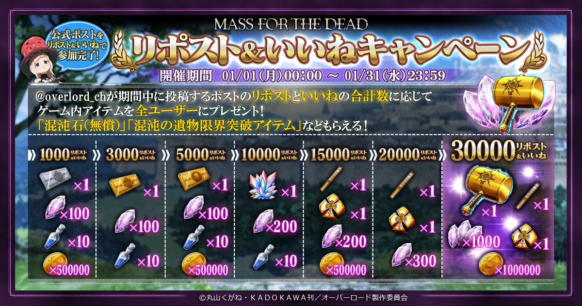 overlord_ch's tweet photo. 1月も『リポスト&amp;いいねキャンペーン』開催！

期間中に公式X（ @overlord_ch ）から投稿されるポストのリポスト&amp;いいねの合計数に応じて、混沌石などのアイテムを全ユーザーにプレゼント！
すべて達成すると最大で混沌石(無償)2000個もゲット可能！
https://t.co/E1Np79EsBh
#オバマス https://t.co/dbppTIgWf0