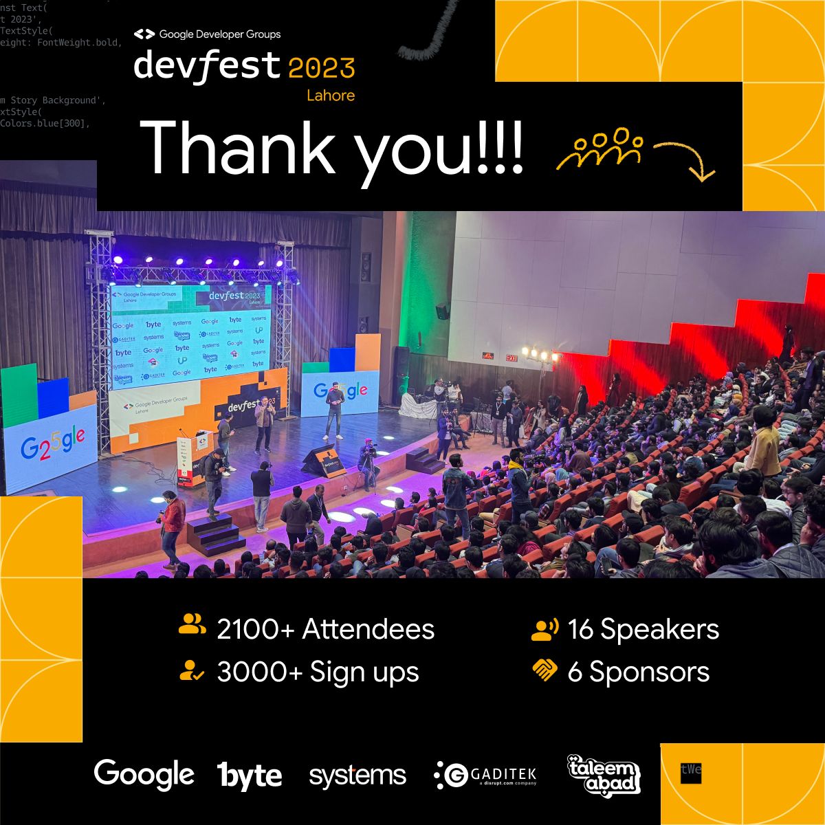 GDGLahore's tweet photo. Amassive thank you to every developer, speaker, sponsor, and partner who made DevFest Lahore 2023 a resounding success. Your enthusiasm, knowledge, and support have elevated this event to new heights.
THANK YOU!!!
#DevFestLahore2023 #GDGLahore https://t.co/5pAvT2BgTF