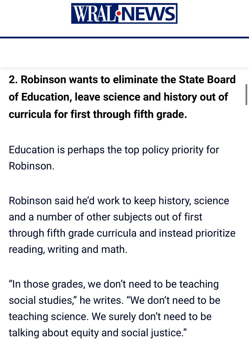 JustinParmenter's tweet photo. The leading Republican candidate to be North Carolina’s next governor, Mark Robinson literally wants elementary students to stop learning science and history in school. 🤦‍♂️ #nced #ncpol https://t.co/4RpZniclud