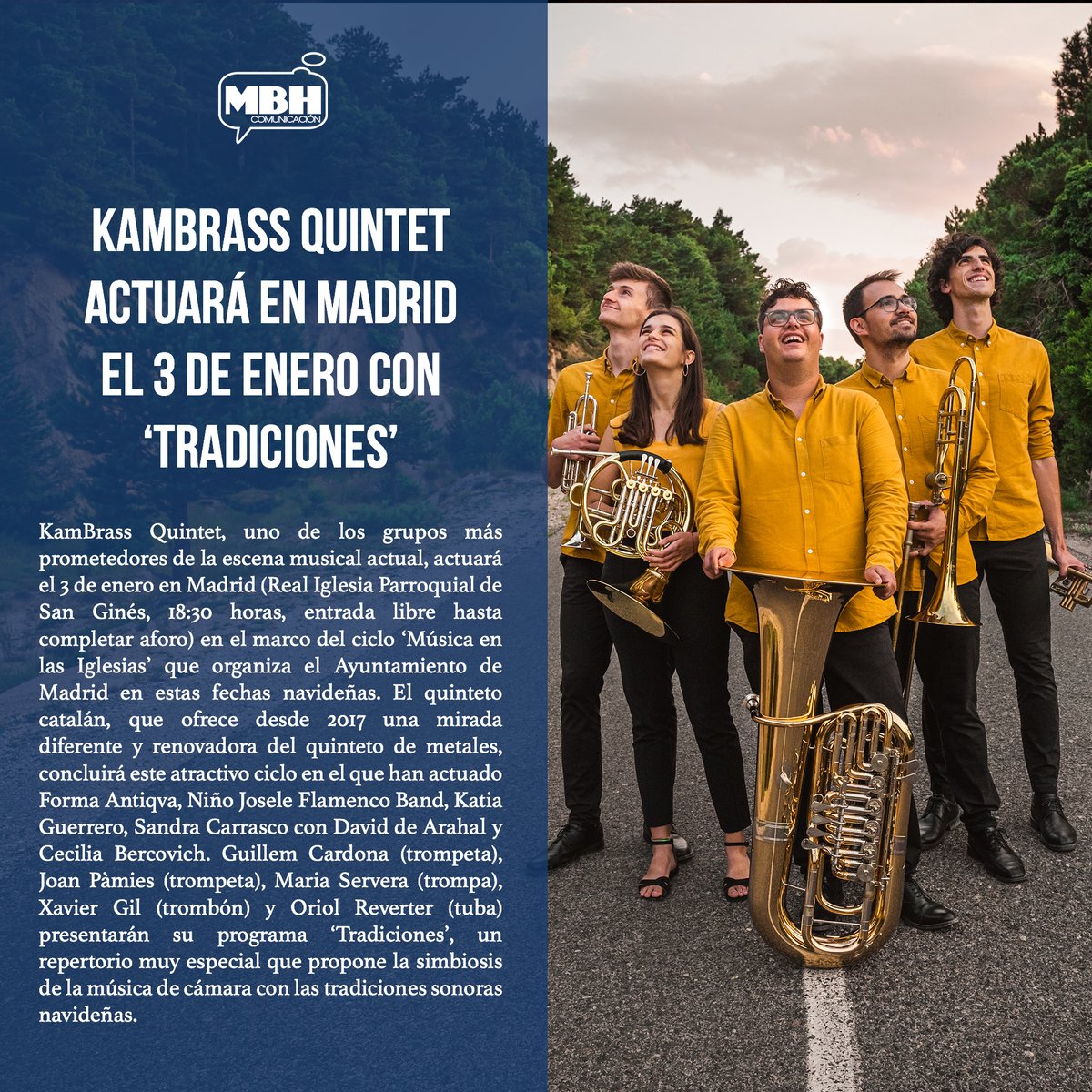 🎺 <a href="/KamBrassQuintet/">KamBrass Quintet</a> actuará en Madrid en el marco del ciclo ‘Música en las Iglesias’ que organiza el Ayuntamiento de Madrid en estas fechas navideñas.

📅 3 de enero
🕐 18:30
📍 Real Iglesia Parroquial de San Ginés

🎟️ Entrada libre hasta completar aforo