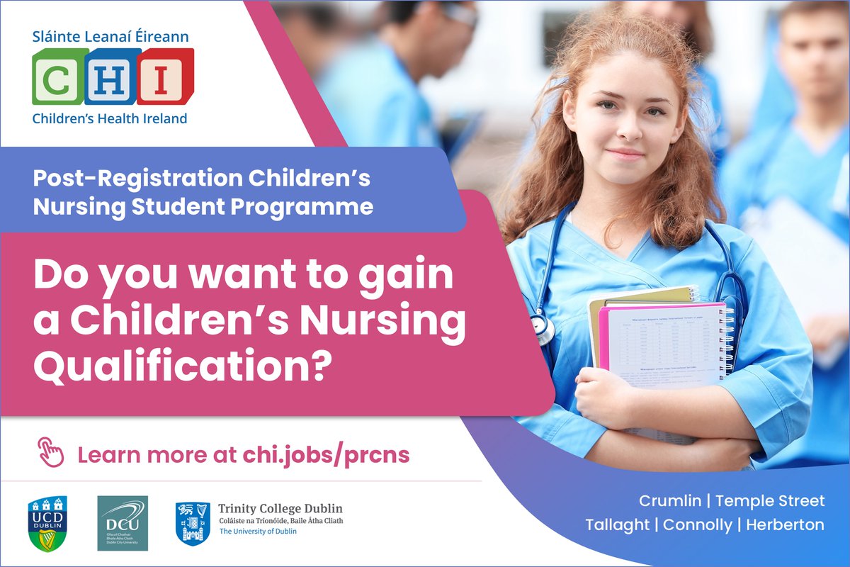 Are you seeking a career in children's nursing? The Post-Registration Children’s Nursing Programme is provided at CHI in partnership with our partner Universities: University College Dublin, Trinity College Dublin and Dublin City University. Apply here: ow.ly/Ttb150Qkx8g