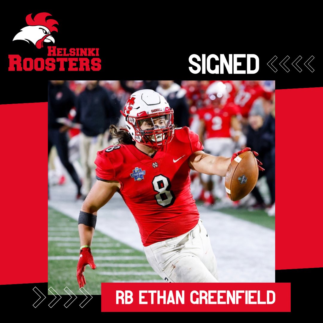 Roosters1979's tweet photo. SIGNED: RB Ethan Greenfield joins Roosters for 2024 season! ✅

He started all 15 games at North Central College in 2022. He led the NCAA III in rushing yards (1 997), rushing touchdowns (26) and was awarded the Gagliardi Trophy.

#jenkkifutis #roostersfamily  #vaahteraliiga https://t.co/aein0jrNa7