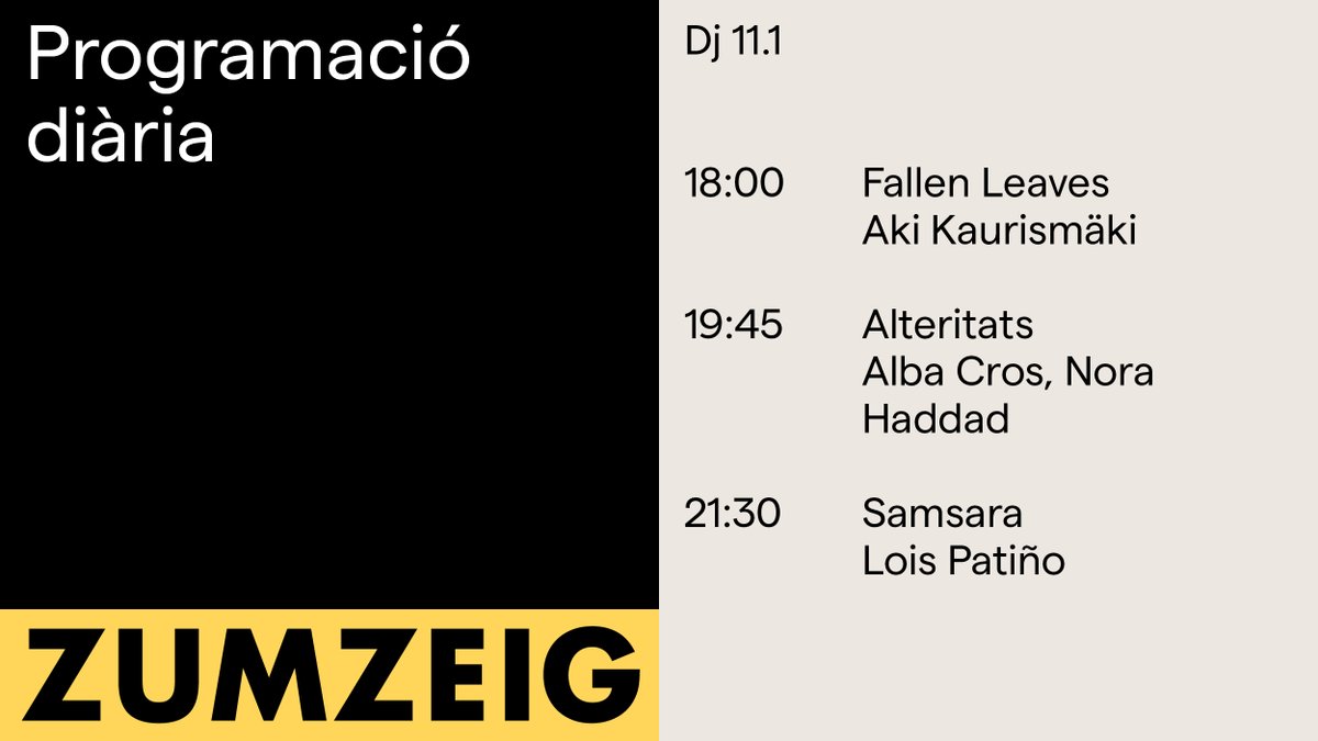 ZumzeigCinema's tweet image. Avui al #Zumzeig!🥗

#FallenLeaves Dos personatges solitaris que contra tot pronòstic intenten construir una relació.📽️

#Alteritats Un recull de la veu de diferents vivències lèsbiques. 💌

#Samsara El viatge que fa l'ànima d'un cos a un altre.🌬️

🎟️bit.ly/3rBezuG
