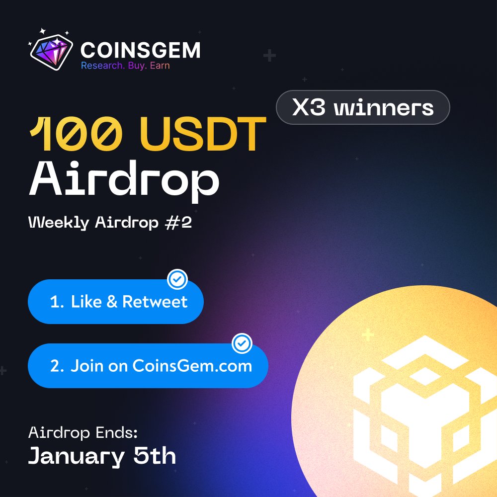 💥💥💥 New Weekly AirDrop #1: 300 USDT! 100 USDT X 3 Lucky fellows 🎁

Easy steps 👇
1️⃣ Follow us, Like &amp; Retweet this tweet
2️⃣ Like Telegram message: t.me/coinsgem_chat/…
3️⃣ Go to coinsgem.com click "Join Airdrop", enter your wallet and complete form

Good luck