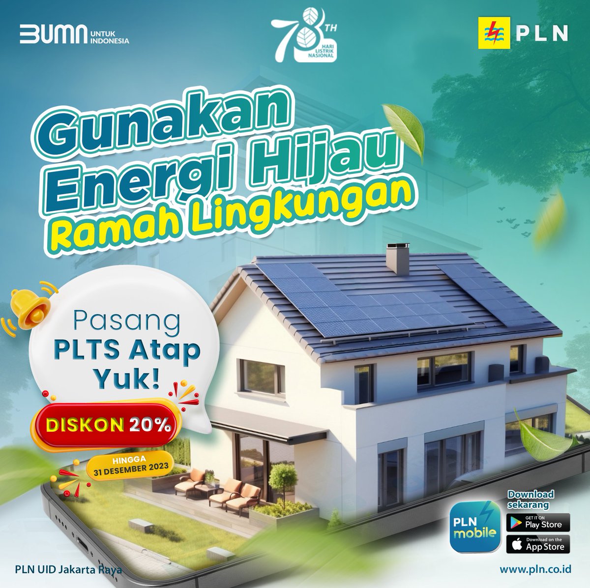 SahabatPLNJkt's tweet photo. Electrizen, PLN menyediakan energi hijau ramah lingkungan untuk penerangan rumah lho!
Kita bisa memanfaatkannya dengan memasang PLTS Atap melalui PLN mobile.
Yuk ajukan pemasangan sekarang? Selagi diskon 20% hingga 31 Desember 2023!
#PLN
#PLN_Disjaya
#pltsatap
#energiterbarukan https://t.co/OeDx6gavlC