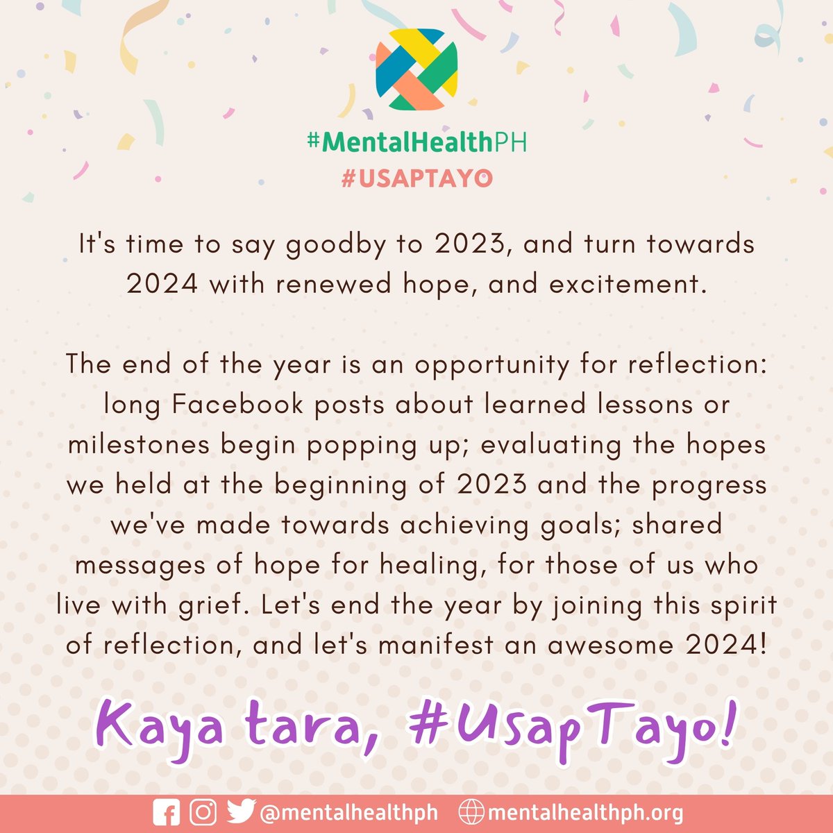 mentalhealthph's tweet image. QRT with your 2024 manifestations!

✨2024 cutie✨

End the year right with your #UsapKada para sa huling hirit for 2023! Samahan niyo kaming mag-manifest ng awesomeness for 2024.

Tara,#UsapTayo bukas,7PM!

READ: mentalhealthph.org/12-30-23/

#MentalHealthPH